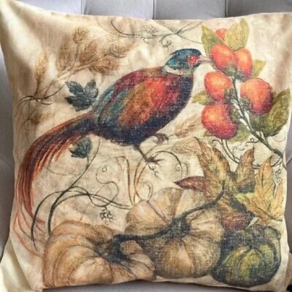 Pottery Barn Fall Pumpkin Pheasant Print Pillow Cover - Picture 5 of 6